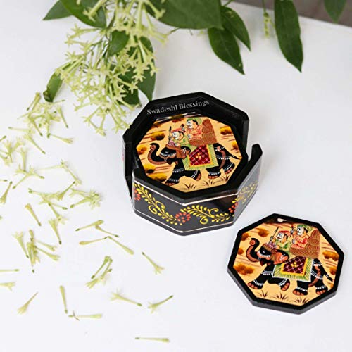 Image of Swadeshi Blessings Wooden Octagonal Coffee /Tea Coasters Set- Handcrafted & Hand-Painted for Kitchen /Table & Home Decor /Dinning /Gifts /Restaurants /Living Room /Coffee Table (Set of 6) (Black)