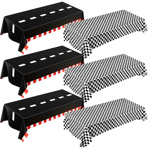 Breling 6 Packs Car Birthday Party Decorations Plastic Car Table Cloth Two Fast Disposable Race Road Checkered Party Supplies Race Theme Party Favors for Birthday, 54 x 108 Inch