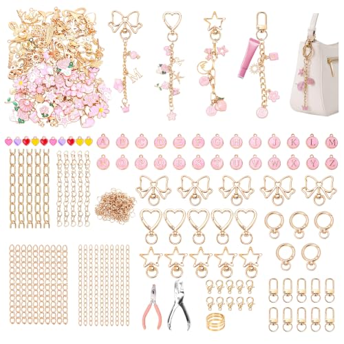 FULGENSZ 400PCS DIY Lipgloss Charm Kit 136 Charms 30 Keychains Extender Chains & Tools for DIY Keychain & Key Chain Charm Kit Projects Bag Charms Jewelry Making & Party Gifts (Cute Pink)