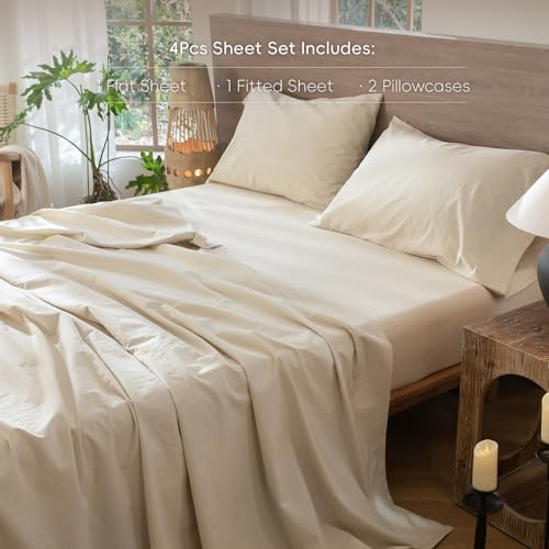 Image of MooMee Sheet Set 100% Washed Cotton Linen-Like Extra Deep Pocket Queen | Relaxed Linen-like Texture. Soft, Breathable & Lightweight Comfort. 15-19 inch Extra Deep Pocket with All-around Elastic