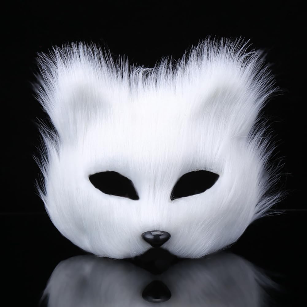 JNGUOSICN Faux Fur Mask Cat Mask Halloween Furry Plush Half Face Mask Elegant Cosplay Animal Fancy Dress Eye Mask Cat Veil Makeup Prop for Christmas Carnival Party Costume Accessory Unisex