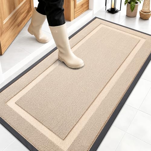 Image of OLANLY Front Door Mat Indoor Outdoor Entrance, Waterproof All-Season, All-Weather Doormat, Sturdy Natural Rubber, Low Profile, Easy Clean Patio Porch Entryway Mat, 47x23, Off-White