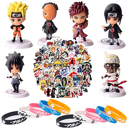 Forhome Naruto Cake Topper, Lot de 6 Mini Figurines de Dessin animé, 10 Bracelets en Silicone, 66 pièces, Autocollants Naruto pour fête d'anniversaire d'enfant