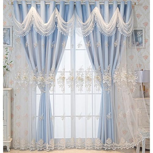 Rideaux brodés double couche avec cantonnière ondulée pour salon ou chambre à coucher