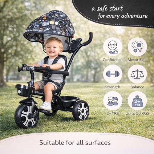 Image of Maanit Kids Tricycle with Canopy & Dual Storage Basket - Toddler Bike with Parental Handle Control, Safety Guardrail & Comfort Seat - Trike for Ages 1.5-5 Years (M692) (Dark Blue)