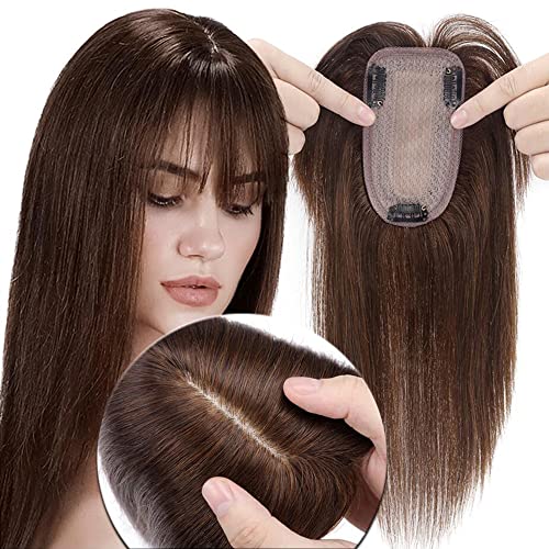 MY-LADY Human Hair Toppers for Women Real Remy Hair 150% Density 7 * 13CM Silk Base with Bangs Clip in Hair Pieces Straight Hairpiece for Thinning Hair 10 Inch #04 Medium Brown