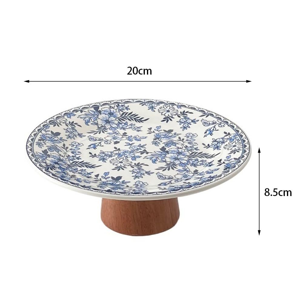 corbeille de fruits Coupe à fruits décorative sur pied en céramique avec base bois, ornée de motifs floraux