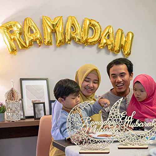 5 Pieces EID Decorations Ramadan Kareem Tabletop Ornaments LED Ramadan Lanterns 3D Handmade Wooden Moon Star Eid Mubarak Ornaments for Home Party Supplies, 5 Patterns - Image 8