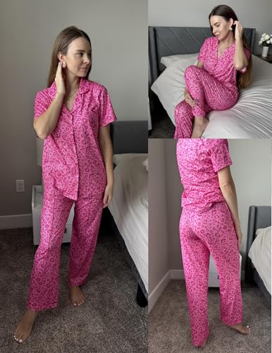Image of Ekouaer Pajamas for Women Set Button Up Short Sleeve Pjs Sets With Pockets | Soft Womens Sleepwear,V Neck,Notch Collar,2 Piece Classic Loungewear With Long Pant for Sleep,Lounge,Fall