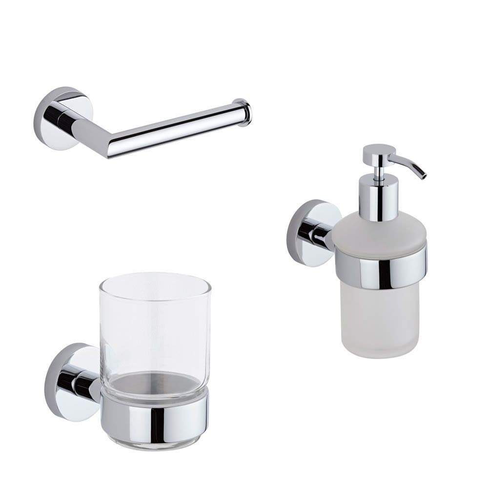 Milano Chrome Mirage 3 Piece Bathroom Accessory Set Toilet Roll Holder Tumbler Soap Dispenser
