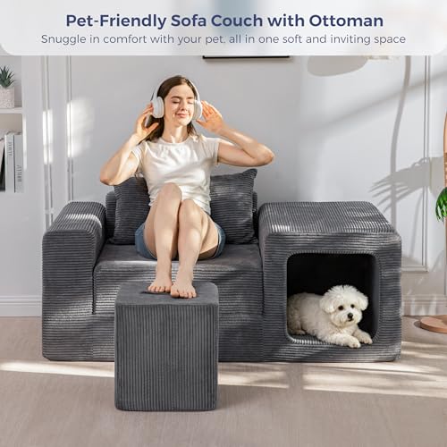Image of MAXYOYO Folding Sofa Couch, Convertible Floor Sofa with Armrest, Multifunctional Sofa with Pillow and Pockets, Boneless Couch for Living Room, Dark Grey