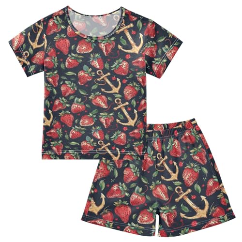 ALAZA Red Strawberry and Anchor Pajama Set Short Sleeve Sleepwear Soft Lounge Nightwear