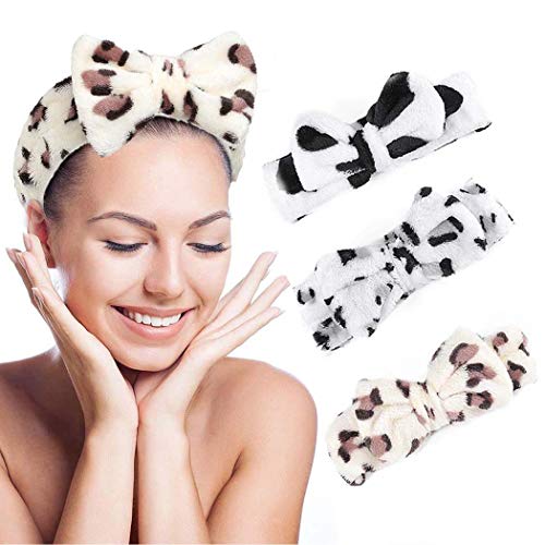 Avanlin Bow Spa Makeup Headband Leopard Elastic Hair Band Coral Fleece Head Wraps Washing Face Head Band Hair Accessories for Women and Girls(Pack of 3) (Set-4)