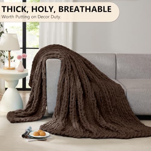 Image of L'AGRATY Chunky Knit Throw Blanket for Couch, 50 x 60 Inches, Cocoa Brown