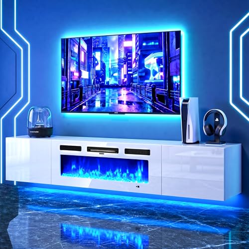 OneBlis 70 Floating TV Stand Wall-Mounted Entertainment Center with 36 Electric Fireplace Fits TVs Up to 80 Inches Media Console with LED Lights for Living Room White+White