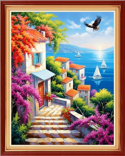 Image of Dimensean Stamped Cross Stitch Kits Full Range of Embroidery Patterns Starter Kits for Beginners Adult DIY Cross Stitches Needlepoint Kits 11CT-Seaside Scenery 16x20 inch