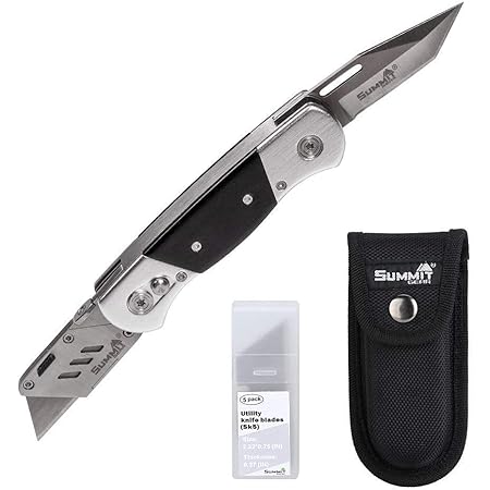 Heavy Duty Folding Utility Knife Dual Blades / Box Cutter with Nylon Pouch + 5 SK5 Blades (Professional Grade)
