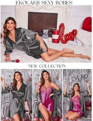 Image of Ekouaer Women's Satin Robe Valentines Lingerie for Women Kimono Bathrobe Short Ruffle Belted Robes Bridesmaids Sleepwear