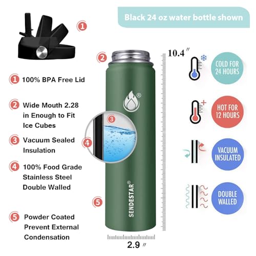 Image of Insulated Water Bottle 24 oz with Straw, Stainless Steel Wide Mouth Water Bottle, Double Wall Vacuum Leak Proof with Straw Lid & Spout Lid for Sports or Office, Keep Cold or Hot Up to 24 Hrs