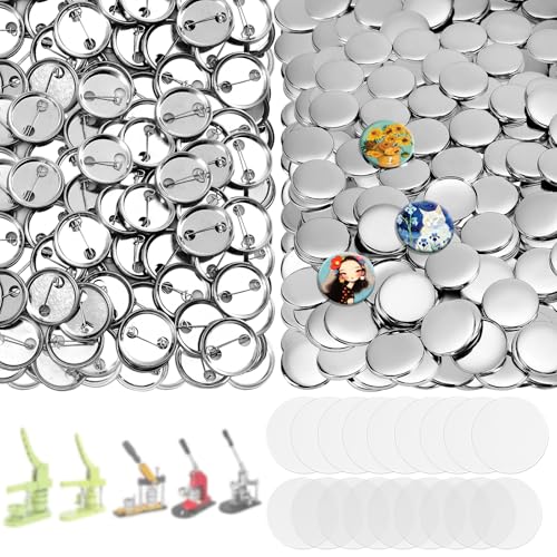 200 Sets Button Maker Supplies 32mm/1.25 inch Button Supplies with Metal Needle Back Cover Metal Cover Transparent Film and Blank Paper Suitable for Button Making Machine and Pin Maker Press