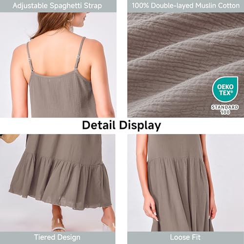 Image of Simple&Opulence Women Summer Casual Cotton Maxi Dress, Loose Sleeveless Spaghetti Strap Tiered Boho Flowy Sundress for Beach