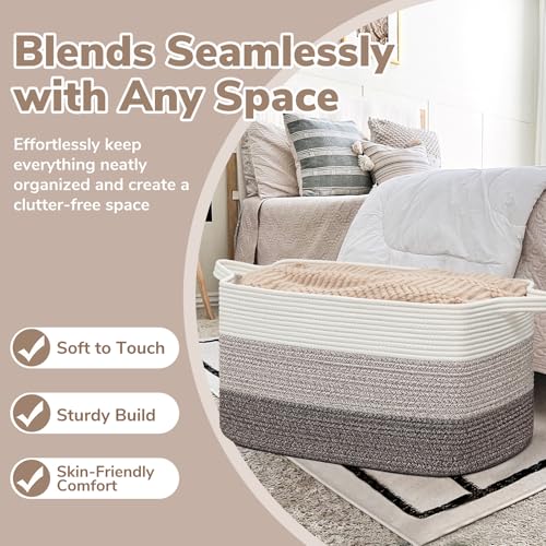 Goodpick Large Woven Storage Basket, 21.6"x14.9"x11.8", Blanket Storage for Bedroom and Living Room, Rectangle Rope Baskets for Storage, White Brown