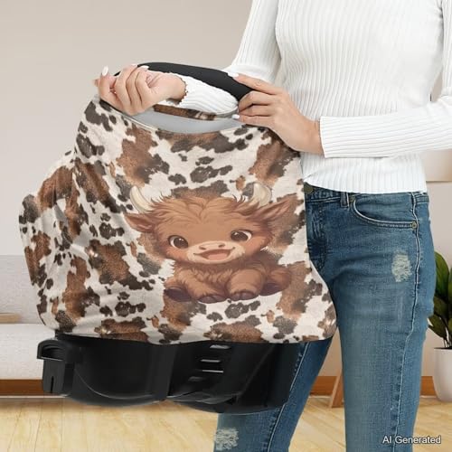 Image of Wanyint Baby Car Seat Covers Nursing Cover Carseat Canopy Baby Breastfeeding Cover Multi-Use Nursing Scarf Infant Stroller Cover Home Decor, Cute Highland Cow Brown Cow Print