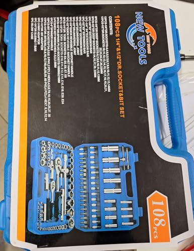 Juego de llaves de vaso de 108 piezas – Juego profesional de 1/4' y 1/2' con carraca, brújulas, inserciones y extensiones – Maletín rígido – Juego de herramientas para coche, moto, bicicleta y
