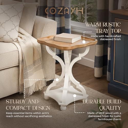 COZAYH Square End Table with Rustic Wood Tray Top and White Curved Legs, 19"x19"x25" – French Country Accent for Bedroom, Living Room, Dining or Entryway – Farmhouse-Style Furniture Piece - Image 4