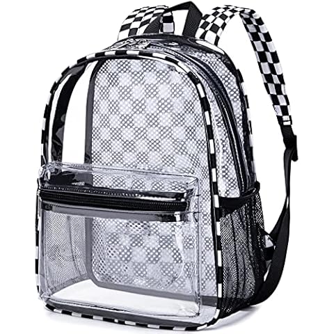 BTOOP Clear Mini Backpack Lightweight See Through Bookbag Small Transparent Bag for School Work Sports Stadium Security, Black White -Plaid, S Cover