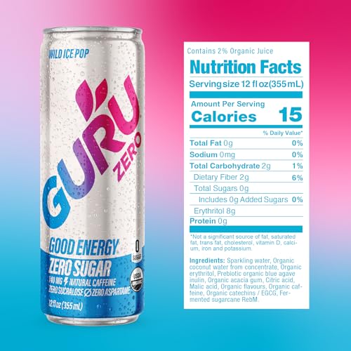 GURU ZERO SUGAR Organic Energy Drinks, Plant-Based Caffeine, Pre Workout, 12oz (Pack of 12)