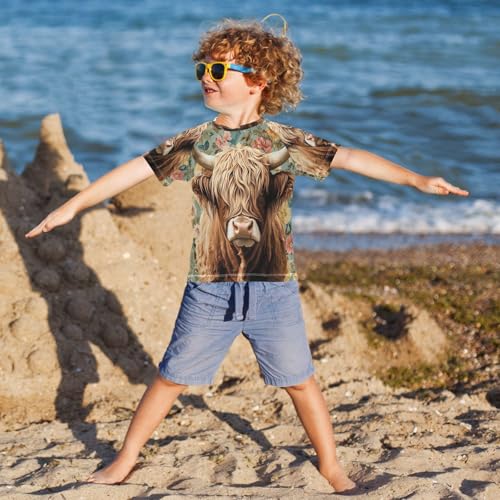 Boys Short Sleeve T-Shirts Cattle Cow Highland Floral Rashguard Kids Swim Shirts Sun UPF 50+4