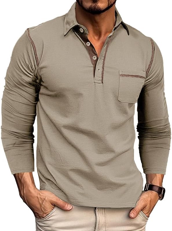 Aulemen Men's Polo Shirts Long Sleeve Casual Lightweight Slim Fit Basic Button T-Shirt with Pocket