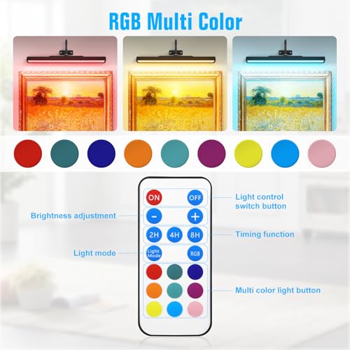 Image of Magnetic Picture Light for Wall Rechargeable Battery Operated, LED Painting Lights with Remote Dimmable and Timer, 3 Color Temps 9 RGB, 16in Art Dispaly Light for Gallery, Dashboard, Artwork