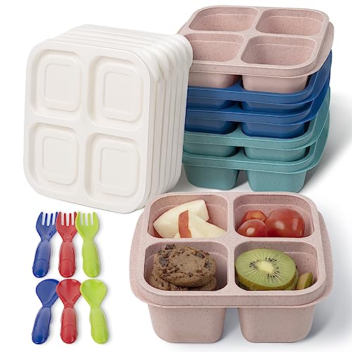 Image of Mosville Snack Containers, Reusable 4 Divided Compartments Healthy Wheat Straw Bento Snack Box with 6 PCS Utensils, Meal Prep Containers with Snacks, Fruits, Nuts, Cookies, Candies [6 Pack]