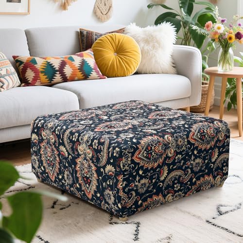 Image of YISUN Ottoman Cover Square, Stretch Printed Ottoman Slipcover Square, Thick Storage Ottoman Covers Washable Footrest Stool Cover Protector with Nonslip Elastic Bottom