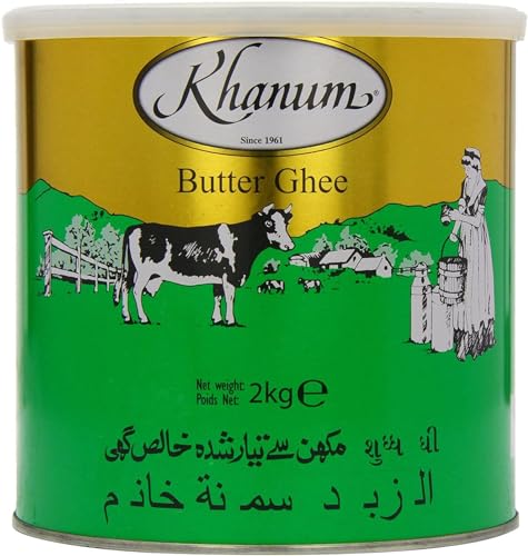 Grasa de mantequilla pura Ghee Khanum 2 kg – Grasa de mantequilla de primera calidad para asar, cocinar y hornear | Perfecta para freír, punto de humo alto, sin aditivos con etiqueta de Khôl