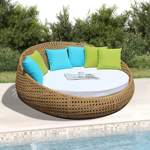 Image of DEVOKO Outdoor Double Seater Wicker Patio Weatherproof Daybed with Water-Resistant Cushions Furniture for Poolside,Garden,Balcony,Terrace(Honey Wicker & White Cushion)