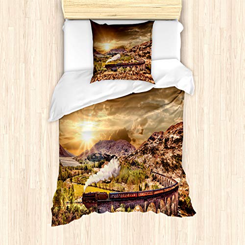 ABAKUHAUS Sorcier Ensemble de Housse de Couette, Célèbre Station de Train, Décoratif, 3 Pièces avec 2 Taies d'oreiller, 135 cm x 200 cm, Brun