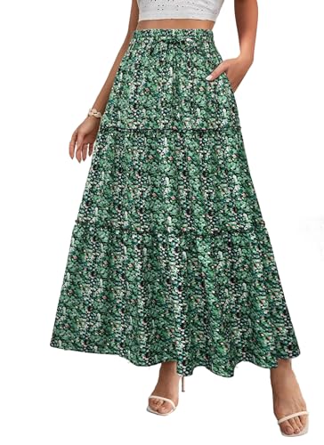 POPZONE Women Maxi Skirt Floral Boho Tiered Fall Summer Flowy Skirts Casual High Waist Long Skirts for Women