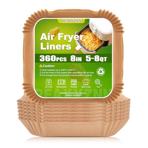 REAXYZNN Air Fryer Parchment Paper Liners, 360pcs Air Fryer Liners Disposable, 8 Inch Oil Proof Square Airfryer Paper Liners for 5-8 QT, Baking, Roasting, Microwave