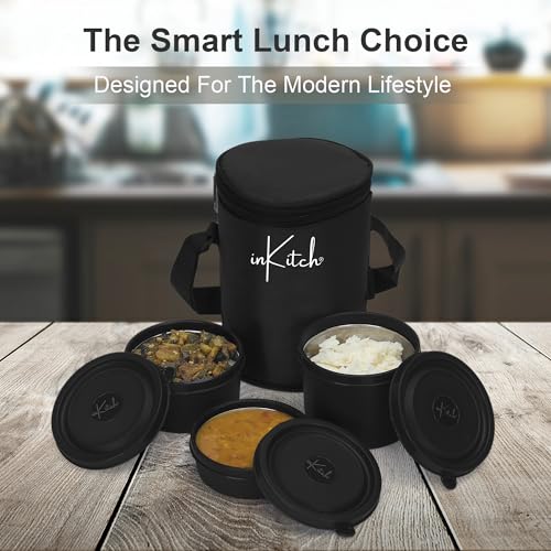 Image of Microwave Safe Lunch Box Set with Bag, 3 Containers (250 /400 /500 ml), Black | Outer Plastic & Inner Stainless Steel Tiffin Box | Leakproof Lunch Boxes