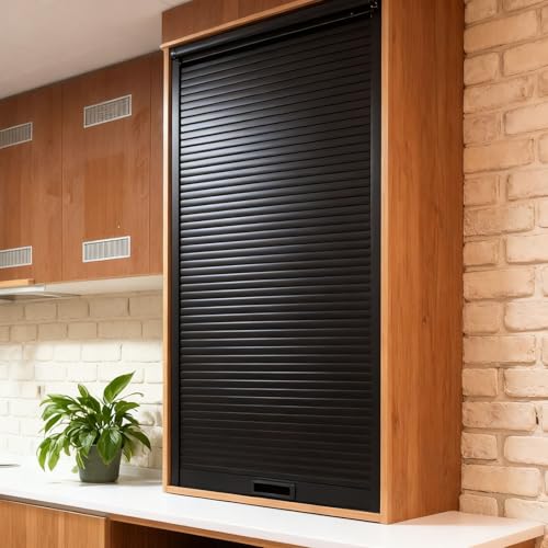 MLYAYE Wall Cupboards Tambour Door & Track Sets Plastic, Portable Balck Appliance Storage Bins Decorative Gate with Handle for Motorhome/RV/Cabinets, 20'' - 47 Inch Tall(34 x 22 inch)