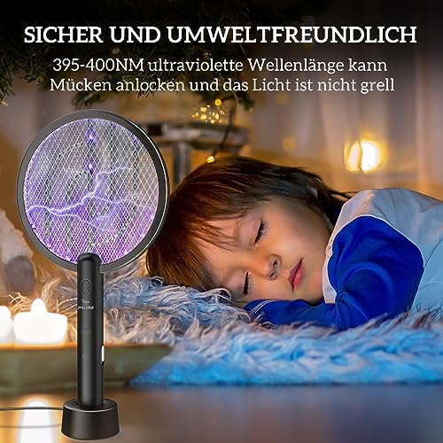 PALONE Elektrische Fliegenklatsche, 4000V Wiederaufladbar Insektenvernichter UV Elektrischer Mückenklatsche USB Fliegenfänger Insektenfalle mit Basis - Schwarz 6