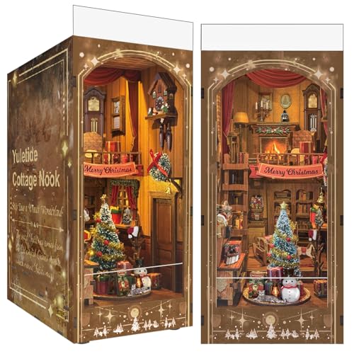 Book Nook, Christmas Cottage 3D Wooden Puzzle with LED Lights, DIY Festive Holiday Bookend Decor...