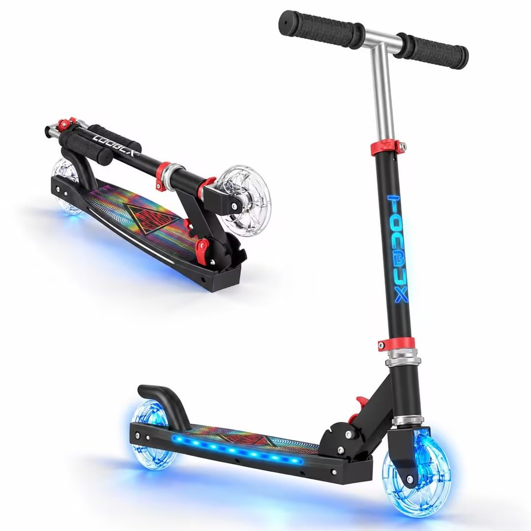 TONBUX Foldable LED Kids Scooter, 7 Light Modes Glowing Wheels Deck & Stem, 3-Level Height Adjustable Non-Slip Pedals & Rear Brake, Foldable Lightweight Scooter Children from 5 to 12 Years