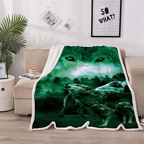 Alottagifts Wolves Wolf Green 50’’ X 60" Sherpa Fleece Blanket For Bed Couch & Sofa - Soft Couch Blanket And Throws For Adults 100% Polyester Cozy Blanket For Both Adults And Child (Wolves Wolf Green) #TOP3