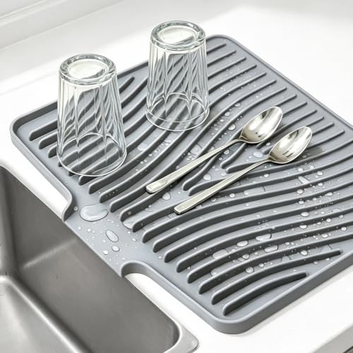 Image of EBIGIC Silicone Dish Drying Mat,19.7 inch*17 inchDish Drying Pad,Kitchen Accessories,with Built-In and Non-Slip Drain,Easy Clean, Fit for Kitchen, Bar, RV, Refrigerator and Drawer Liner, Grey