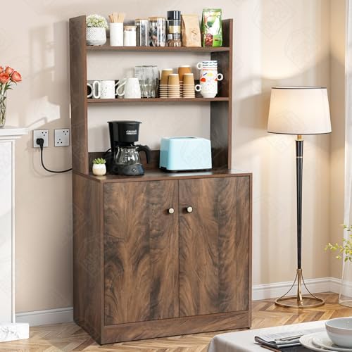 Image of ABOUT SPACE 5 Tier Kitchen Organizer Rack - 5.5 ft Wooden Kitchen Cabinet with 3 Open Shelves & 2 Storage Rack with Door, Easy to Assemble for Home Living Room (Walnut - L 80 x B 40.5 x H 163 cm)