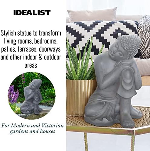 IDEALIST Grey Buddha Statue Indoor and Outdoor Resting Buddha L27.5 W24.5 H35.5 cm